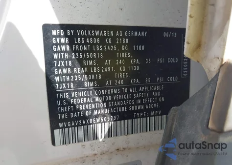 2014 Volkswagen Tiguan Sel из США, поврежденный, VIN WVGAV3AX0EW509797